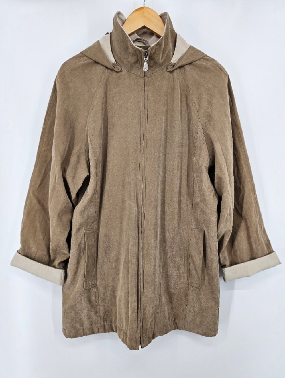 London Fog Women's Medium Taupe Hooded Anorak Jacket Convertible Cuffs